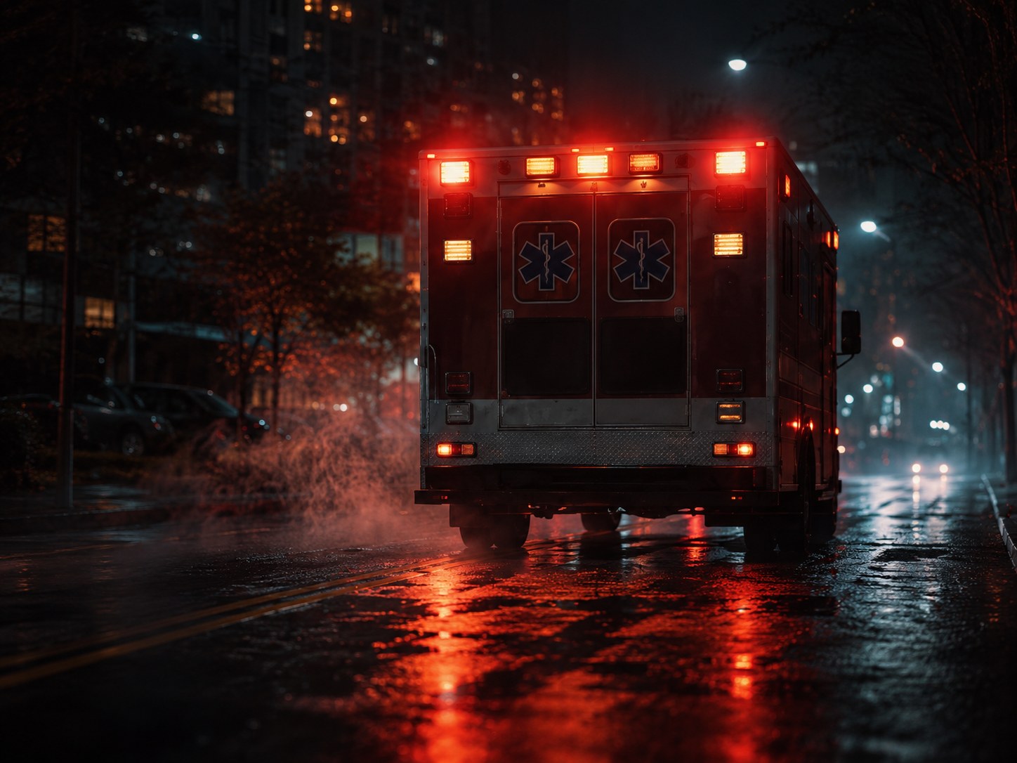 Ambulance at night on a wet city street, emergency lights reflecting off the pavement