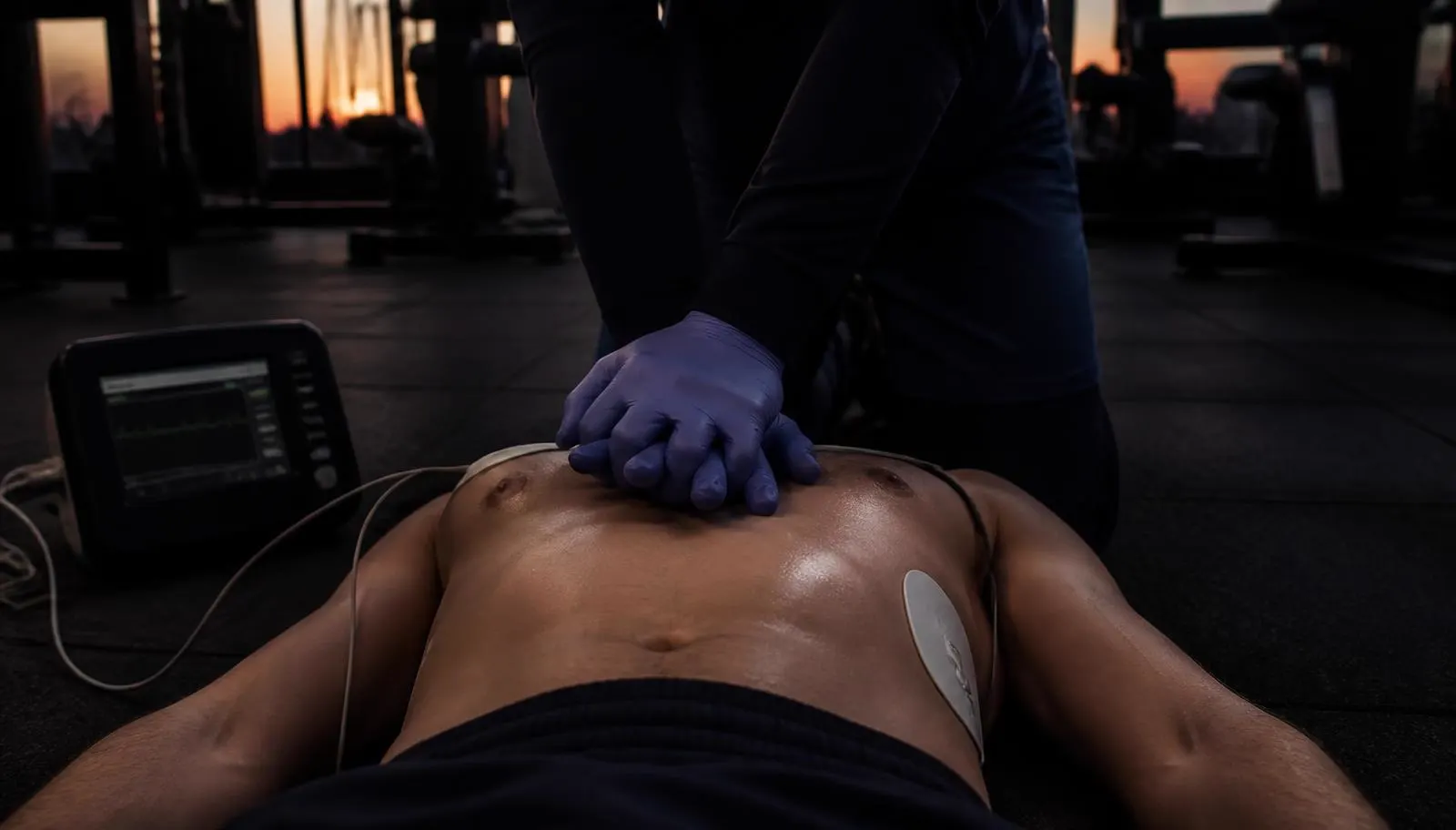 Simulated cardiac arrest scene with compressions in progress